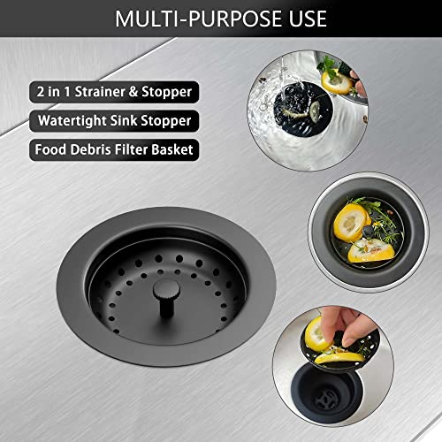 EXAKEY Black Sink Drain 3-1/2 Inch Matte Black Kitchen Sink Drain Strainer Assembly Kit with Strainer Basket and Drain Stopper for Standard Kitchen Sink Stainless Steel