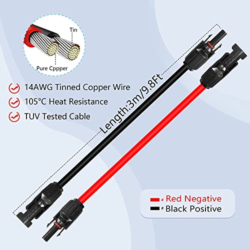 GELRHONR 14AWG Solar Panel Extension Cable,Solar Panel Female to Male Connectors Adaptor Kit for Solar Panels, Photovoltaic Systems(Red+Black) (14AWG 3M/9.8FT M to F)