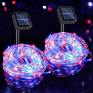 meonum solar halloween rope lights outdoor, 33ft 100 led rope lights waterproof, pvc tube fairy string lights with 8 modes for halloween night party garden tree decor (red blue white, 2 pack)