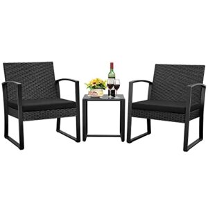 jummico patio chairs 3 piece outdoor furniture with all weather plastic seat & metal frame patio conversation set for porch, balcony, poolside (black)