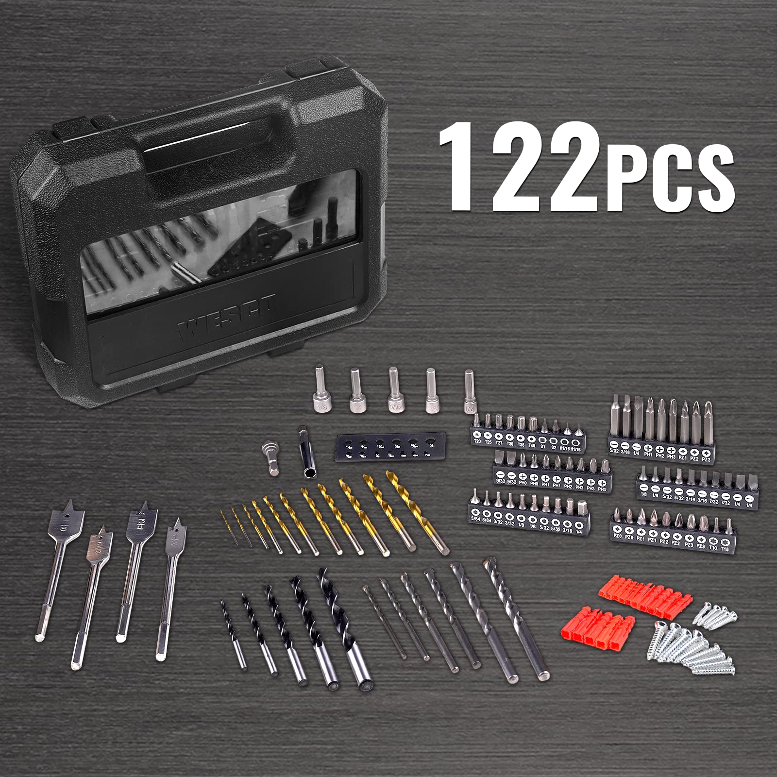 Drill Bit Set, Torx Bit Set WESCO 122Pcs Include Screwdriver Bits Set,Impact Driver Bit Set,Hex Bit Set and Screwdriver Bit Set,Packed in a Sturdy Housing,Driver Bit Set for Wood Metal Cement