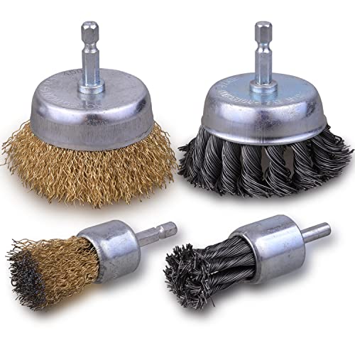 SHITIME 3 Inch Knotted Wire Cup Brush Set, 4 PCS Wire Brush for Drill with 1/4'' Hex Shank, Drill Wire Brush Attachment, Ideal for Removing Rust/Corrosion/Paint - Extend Life & Reduced Wire Breakage