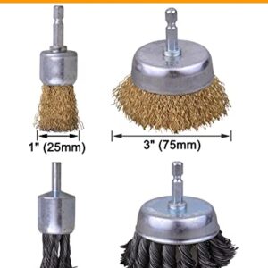 SHITIME 3 Inch Knotted Wire Cup Brush Set, 4 PCS Wire Brush for Drill with 1/4'' Hex Shank, Drill Wire Brush Attachment, Ideal for Removing Rust/Corrosion/Paint - Extend Life & Reduced Wire Breakage