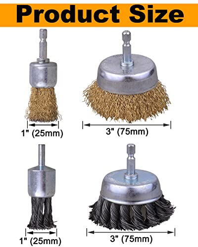 SHITIME 3 Inch Knotted Wire Cup Brush Set, 4 PCS Wire Brush for Drill with 1/4'' Hex Shank, Drill Wire Brush Attachment, Ideal for Removing Rust/Corrosion/Paint - Extend Life & Reduced Wire Breakage