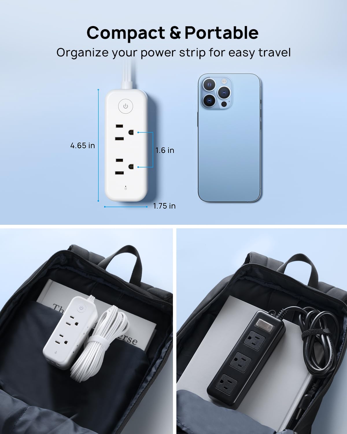 TROND Flat Extension Cord, 5ft Flat Plug Power Strip, 6 Wide Outlets and 3 USB Ports(1 USB C), 1440J Surge Protector, 3 Side Outlet Extender, Compact Desk Charging Station for Travel, Home, Office