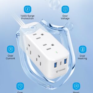 TROND Flat Extension Cord, 5ft Flat Plug Power Strip, 6 Wide Outlets and 3 USB Ports(1 USB C), 1440J Surge Protector, 3 Side Outlet Extender, Compact Desk Charging Station for Travel, Home, Office