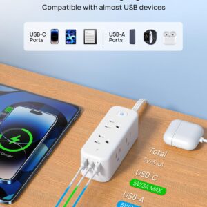 TROND Flat Extension Cord, 5ft Flat Plug Power Strip, 6 Wide Outlets and 3 USB Ports(1 USB C), 1440J Surge Protector, 3 Side Outlet Extender, Compact Desk Charging Station for Travel, Home, Office