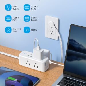 TROND Flat Extension Cord, 5ft Flat Plug Power Strip, 6 Wide Outlets and 3 USB Ports(1 USB C), 1440J Surge Protector, 3 Side Outlet Extender, Compact Desk Charging Station for Travel, Home, Office