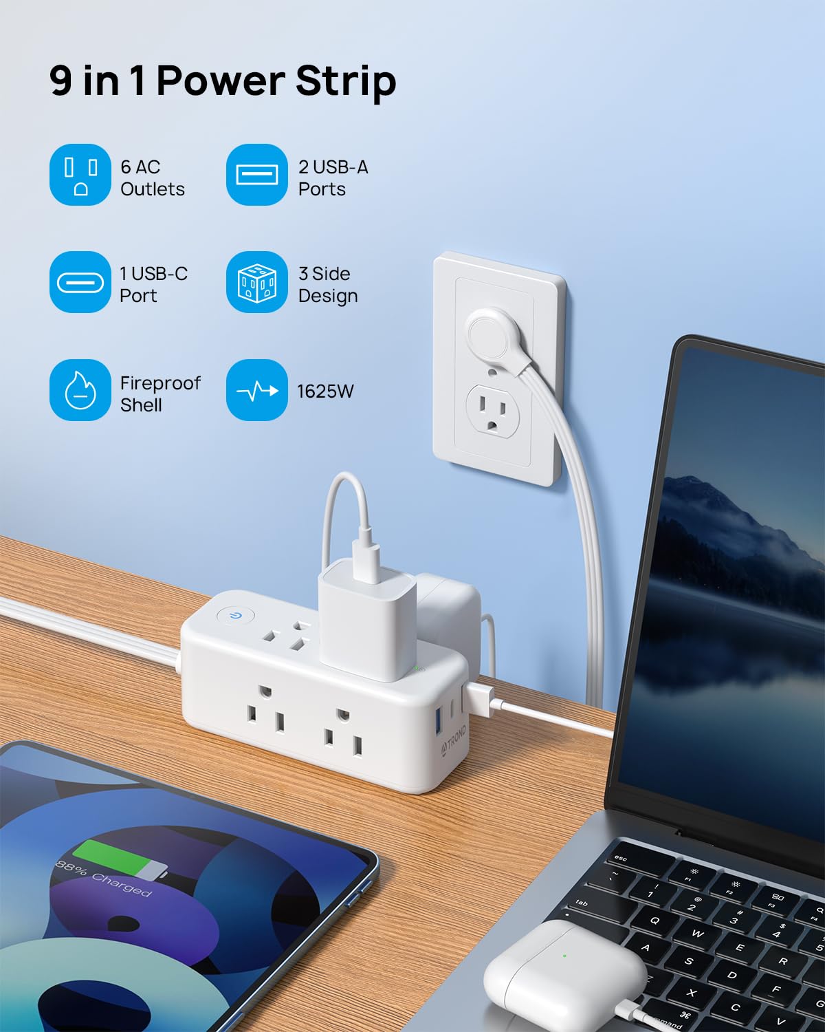 TROND Flat Extension Cord, 5ft Flat Plug Power Strip, 6 Wide Outlets and 3 USB Ports(1 USB C), 1440J Surge Protector, 3 Side Outlet Extender, Compact Desk Charging Station for Travel, Home, Office