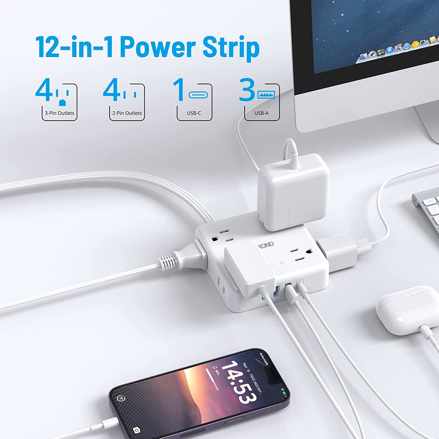 TROND Surge Protector Power Strip with USB, Ultra Thin Flat Plug Extension Cord 5ft, 8 Wide AC Outlets, 3 USB A & 1 USB C, 1440J Surge Protection for Home Office Dorm Room Essentials, White