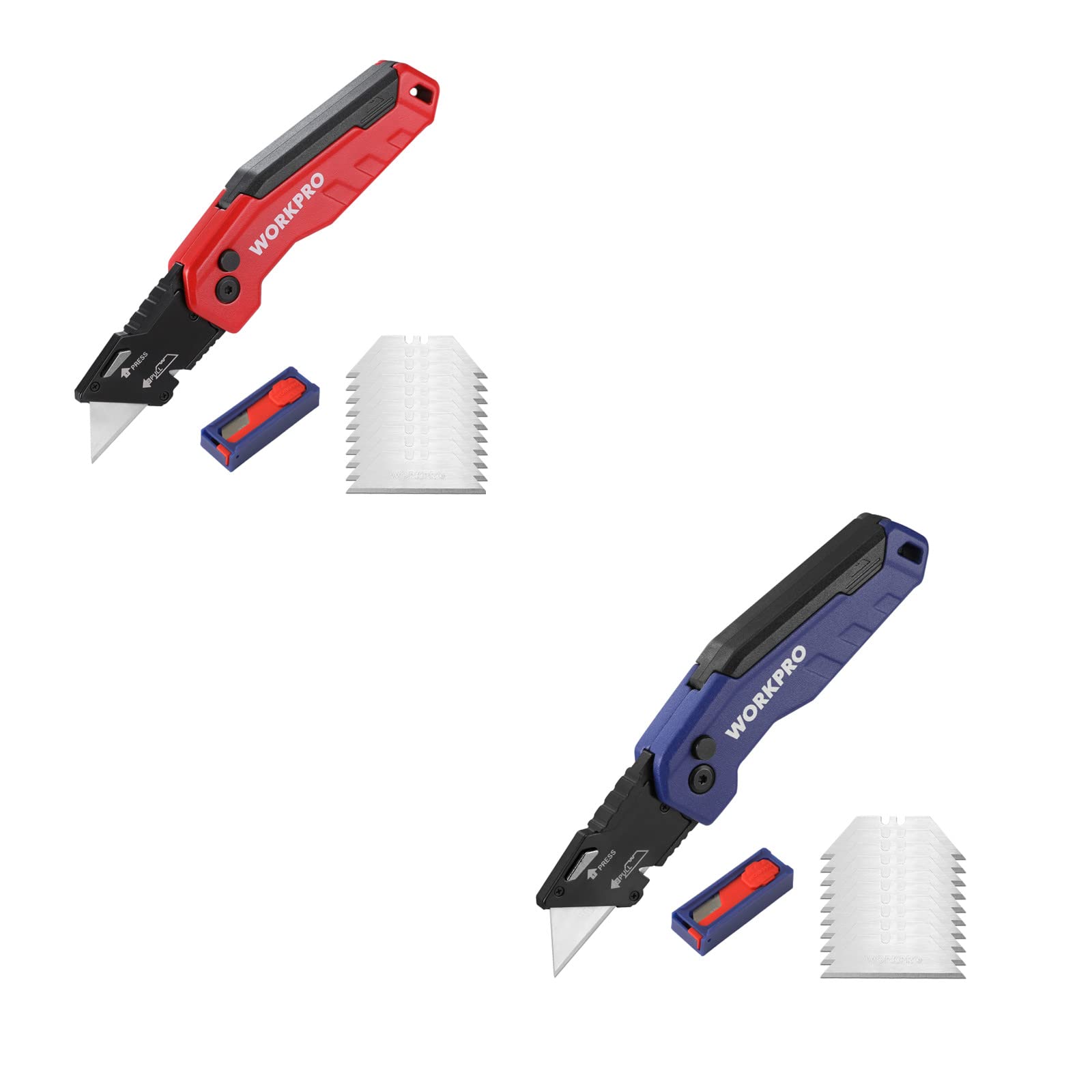 WORKPRO 2-Pack Utility Knife, Quick Change Box Cutter, Razor Knife for Cartons, Cardboard, Boxes, Blade Storage in Handle, 26 Extra Blades Included (Red and Blue)