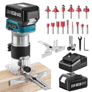 avhrit cordless compact wood router, 21v wood router tool with 1pcs 4.0ah battery, brushless handheld palm routers for woodworking, wood trimmer cutting with 15 pieces 1/4" router bits set