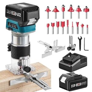 Avhrit Cordless Compact Wood Router, 21V Wood Router Tool With 1PCS 4.0Ah Battery, Brushless Handheld Palm Routers for Woodworking, Wood Trimmer Cutting with 15 pieces 1/4" Router Bits Set