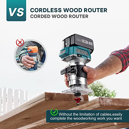 Avhrit Cordless Compact Wood Router, 21V Wood Router Tool With 1PCS 4.0Ah Battery, Brushless Handheld Palm Routers for Woodworking, Wood Trimmer Cutting with 15 pieces 1/4" Router Bits Set