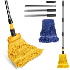 almcmy commercial mop, looped-end string wet mop with 2 mop head replacement, heavy duty mop floor mop with 55" stainless steel handle & jaw clamp, industrial dust for floor cleaning