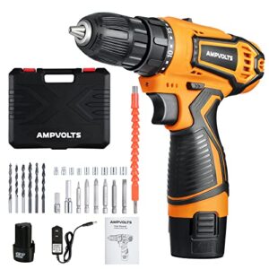 cordless drill set, ampvolts 12v max lithium-ion cordless power drill, 0-350 rpm/0-1400 rpm variable speed, 25+1 clutch style, 3/8" metal chuck, 2.0ah battery, 24-piece accessories
