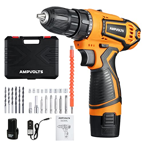 Cordless Drill Set, Ampvolts 12V Max Lithium-Ion Cordless Power Drill, 0-350 RPM/0-1400 RPM Variable Speed, 25+1 Clutch Style, 3/8" Metal Chuck, 2.0Ah Battery, 24-Piece Accessories