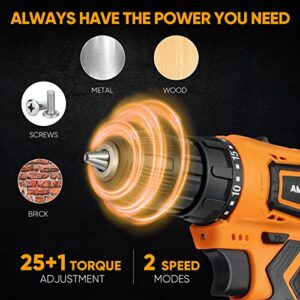 Cordless Drill Set, Ampvolts 12V Max Lithium-Ion Cordless Power Drill, 0-350 RPM/0-1400 RPM Variable Speed, 25+1 Clutch Style, 3/8" Metal Chuck, 2.0Ah Battery, 24-Piece Accessories