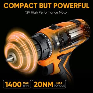 Cordless Drill Set, Ampvolts 12V Max Lithium-Ion Cordless Power Drill, 0-350 RPM/0-1400 RPM Variable Speed, 25+1 Clutch Style, 3/8" Metal Chuck, 2.0Ah Battery, 24-Piece Accessories