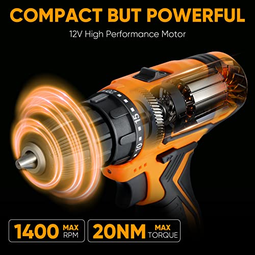 Cordless Drill Set, Ampvolts 12V Max Lithium-Ion Cordless Power Drill, 0-350 RPM/0-1400 RPM Variable Speed, 25+1 Clutch Style, 3/8" Metal Chuck, 2.0Ah Battery, 24-Piece Accessories