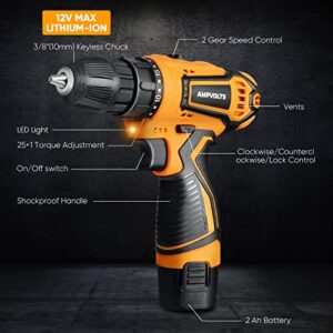 Cordless Drill Set, Ampvolts 12V Max Lithium-Ion Cordless Power Drill, 0-350 RPM/0-1400 RPM Variable Speed, 25+1 Clutch Style, 3/8" Metal Chuck, 2.0Ah Battery, 24-Piece Accessories