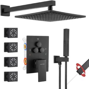 vanfoxle shower faucets sets complete matte black shower system,push button diverter shower faucet with 2 in 1 handheld,10 inch shower head with 4 pcs dual modes body jets（2 inch)