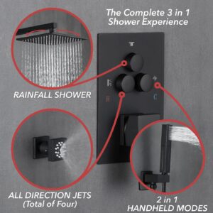 VANFOXLE Shower Faucets Sets Complete Matte Black Shower System,Push Button Diverter Shower Faucet with 2 in 1 Handheld,10 Inch Shower Head with 4 PCS Dual Modes Body Jets（2 Inch)