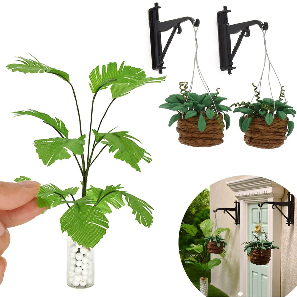 iland Miniature Dollhosue Accessories on 1 12 Scale, Mini Plants & Plant Hangers Set (Green Plants w/Wall Hooks 5pcs)