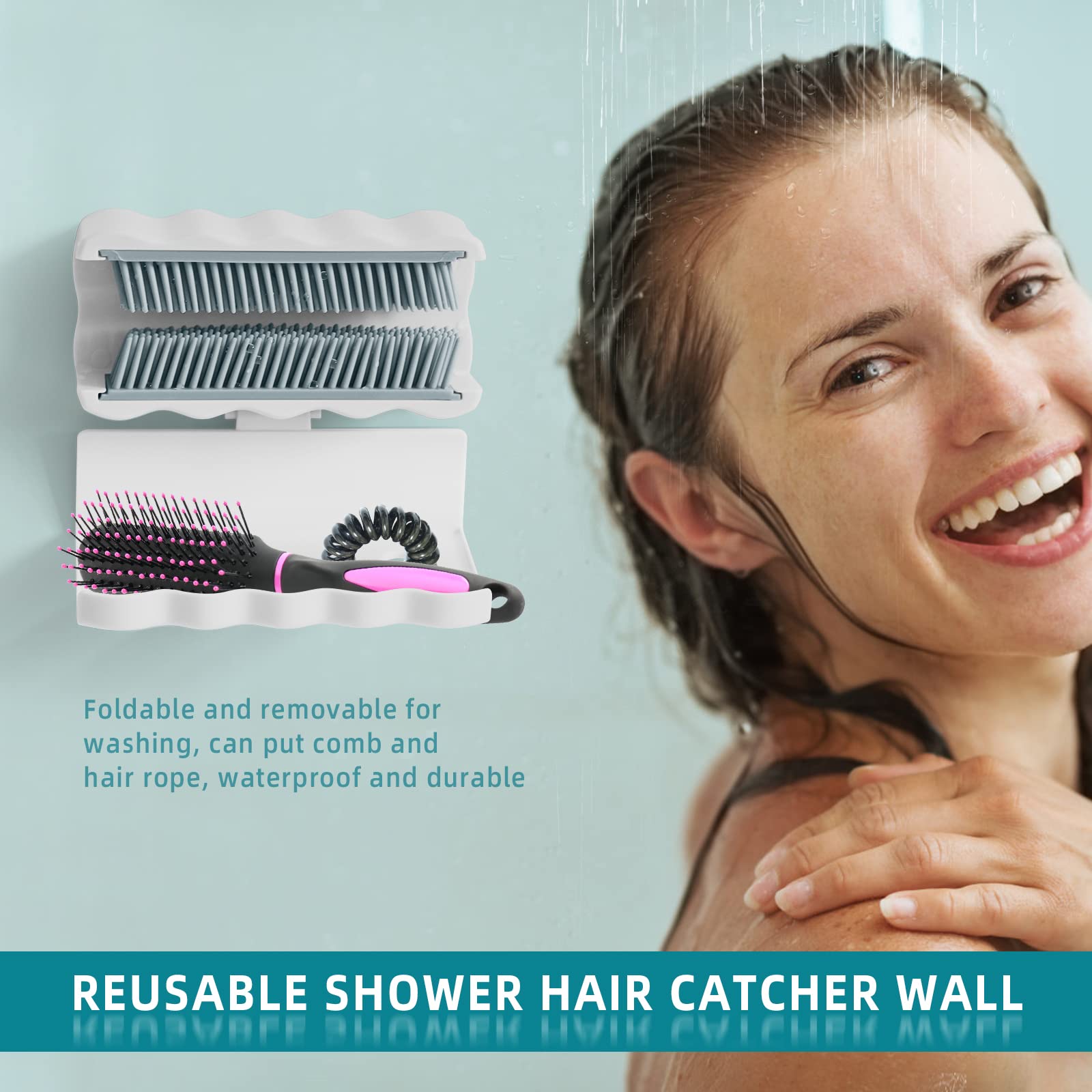 Kucucyle Hair Collector for Shower, 2-in-1 Shower Hair Catcher Wall for Drain Protection, Reusable Wavy Shower Wall Hair Catcher, Foldable Storage Shower Hair Catcher, Snare Protector (White)