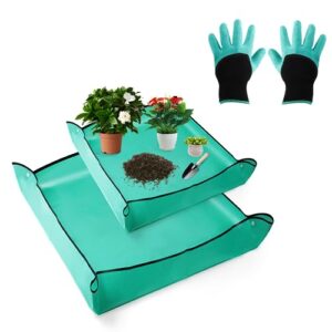 auofin plant repotting mat 2 pcs waterproof transplanting mat indoor gardening potting succulents portable tray with gardening gloves - 39.4" and 26"