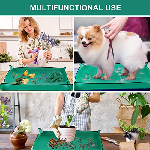 Auofin Plant Repotting Mat 2 pcs Waterproof Transplanting Mat Indoor Gardening Potting Succulents Portable Tray with Gardening Gloves - 39.4" and 26"