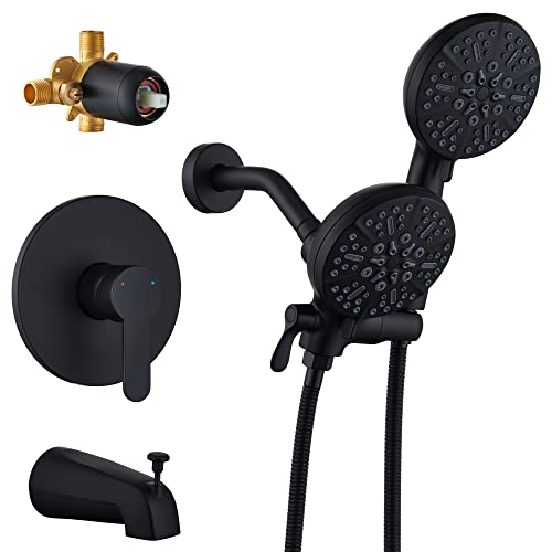 Black Shower Faucet Set with Tub Spout, 48-Setting Dual Shower Head and Faucet Sets Complete, 3-Way Diverter Tub and Shower Faucet Combo, Single Handle Tub and Shower Trim Kit (Valve Included)