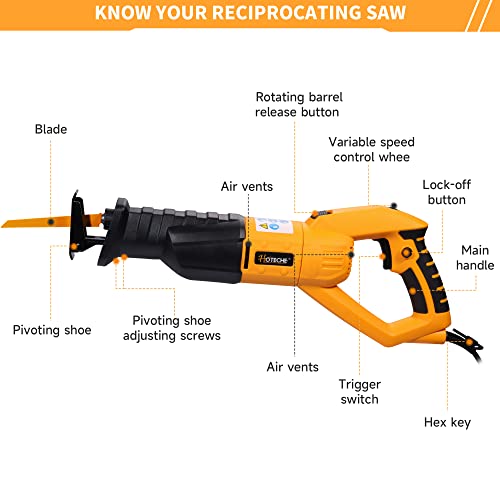 Hoteche Power Reciprocating Saw 7.1-Amp Variable Speed Corded Saw Sawzall for Wood/Metal or PVC Cutting with 3Pcs Saw Baldes