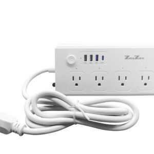 Zauzau Smart PD Power Strip and Surge Protectors Type-C 30W USB-C 18W 4 AC outlets 10A 1650W 5 feet Extension Cord Flat Plug for Home Office Hotel