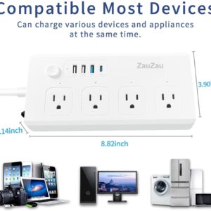 Zauzau Smart PD Power Strip and Surge Protectors Type-C 30W USB-C 18W 4 AC outlets 10A 1650W 5 feet Extension Cord Flat Plug for Home Office Hotel