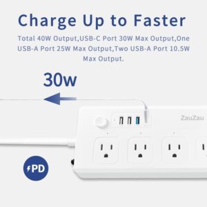 Zauzau Smart PD Power Strip and Surge Protectors Type-C 30W USB-C 18W 4 AC outlets 10A 1650W 5 feet Extension Cord Flat Plug for Home Office Hotel