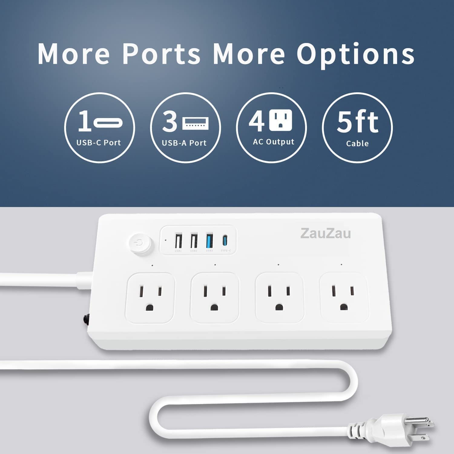 Zauzau Smart PD Power Strip and Surge Protectors Type-C 30W USB-C 18W 4 AC outlets 10A 1650W 5 feet Extension Cord Flat Plug for Home Office Hotel