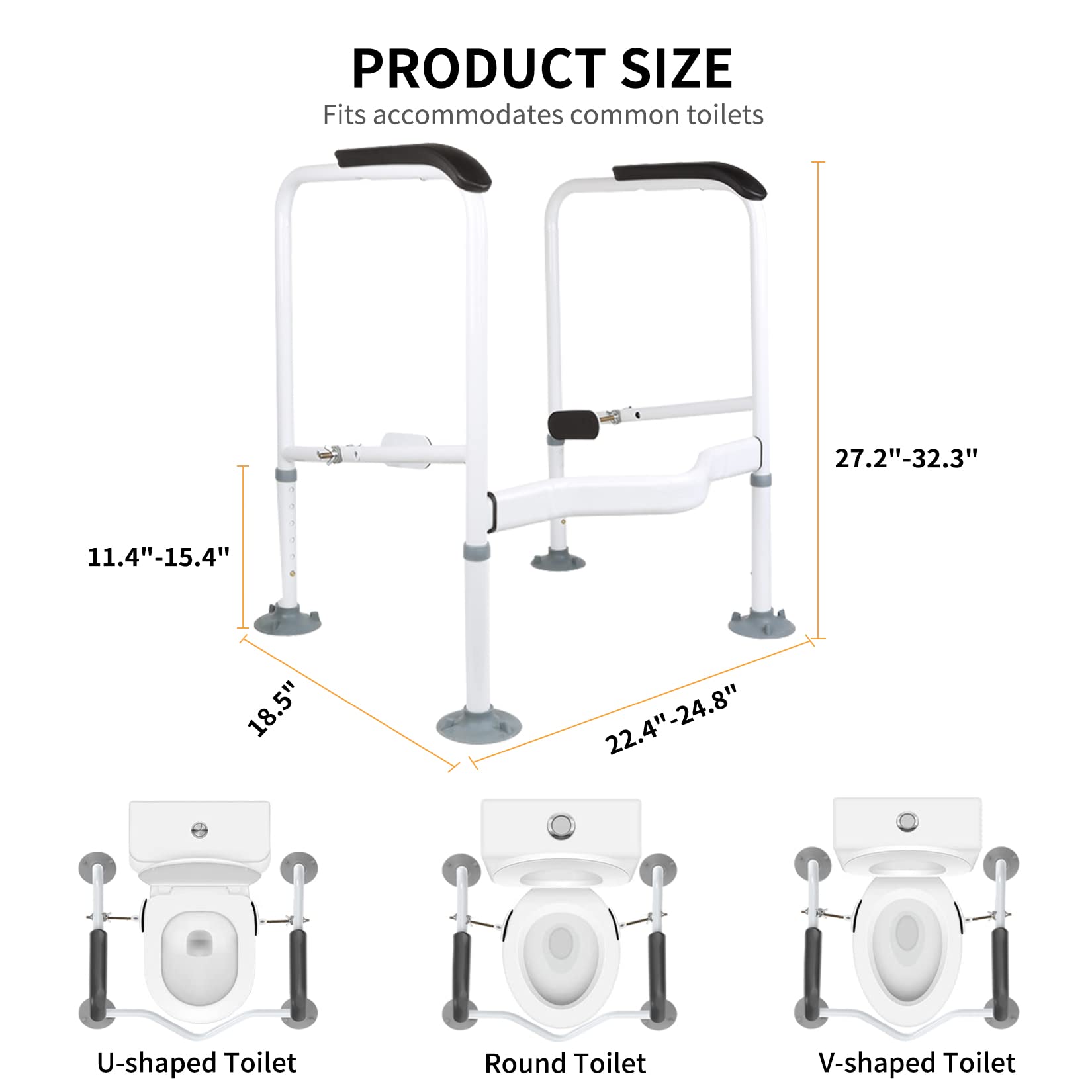 Toilet Safety Rails Frame for Elderly with Handles Stand Alone Bathroom Assistance Grab Bars Arms for Seniors, Handicap, Disabled, Width & Height Adjustable, Fit Any Toilet