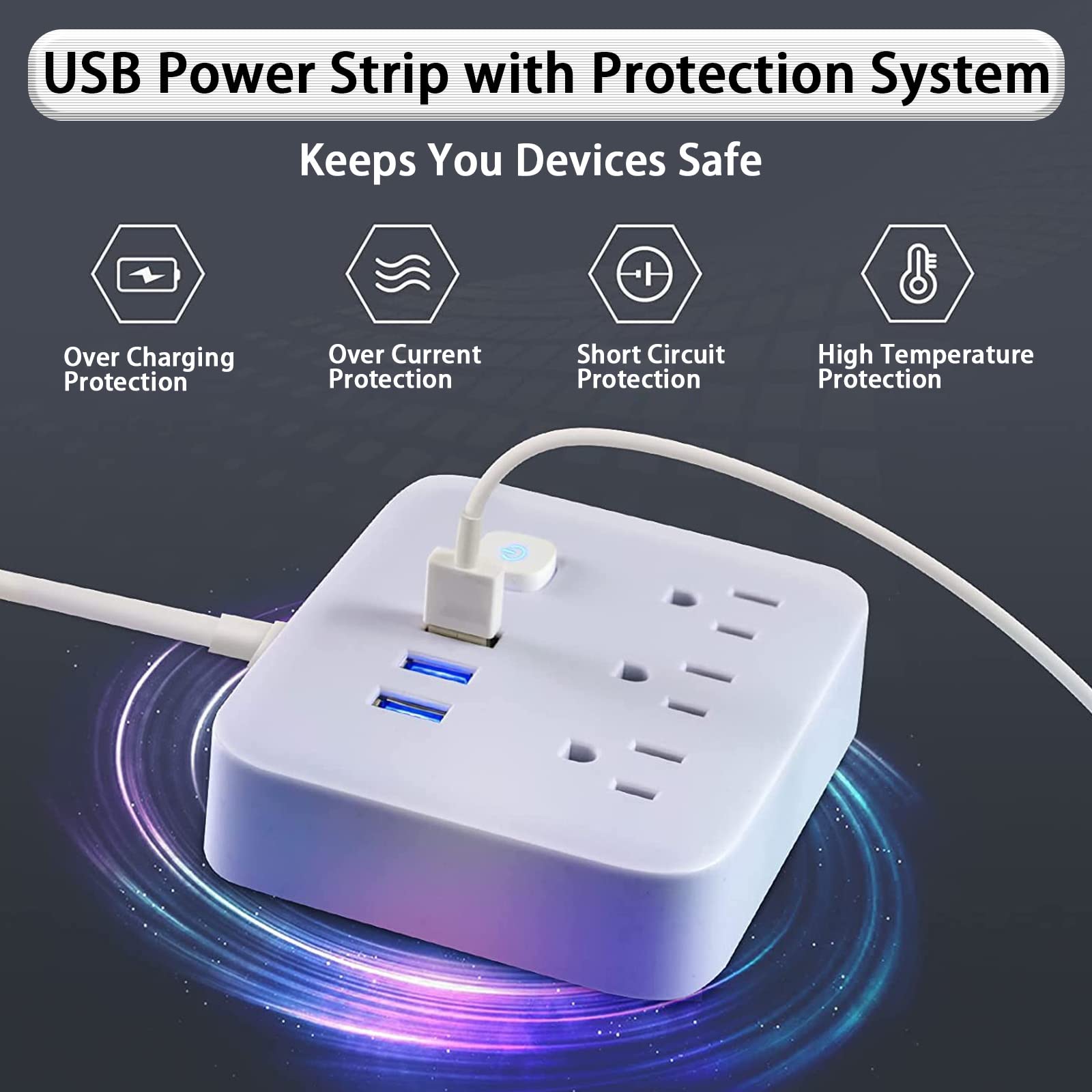 Power Strip Surge Protector,Power Strip with USB,3 Outlet Extension 3 USB Ports,Flat Plug Desktop Charging Station Multi Plug Outlets for Dorm,Home,Office,Cruise Ship, Travel (Grey)