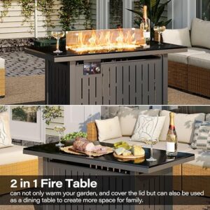 LAUSAINT HOME 43" Outdoor Fire Pit Table, 50,000 BTU Auto-Ignition Propane Gas Firepits with Glass Wind Guard, Fire Glass and Lid for Outside Patio