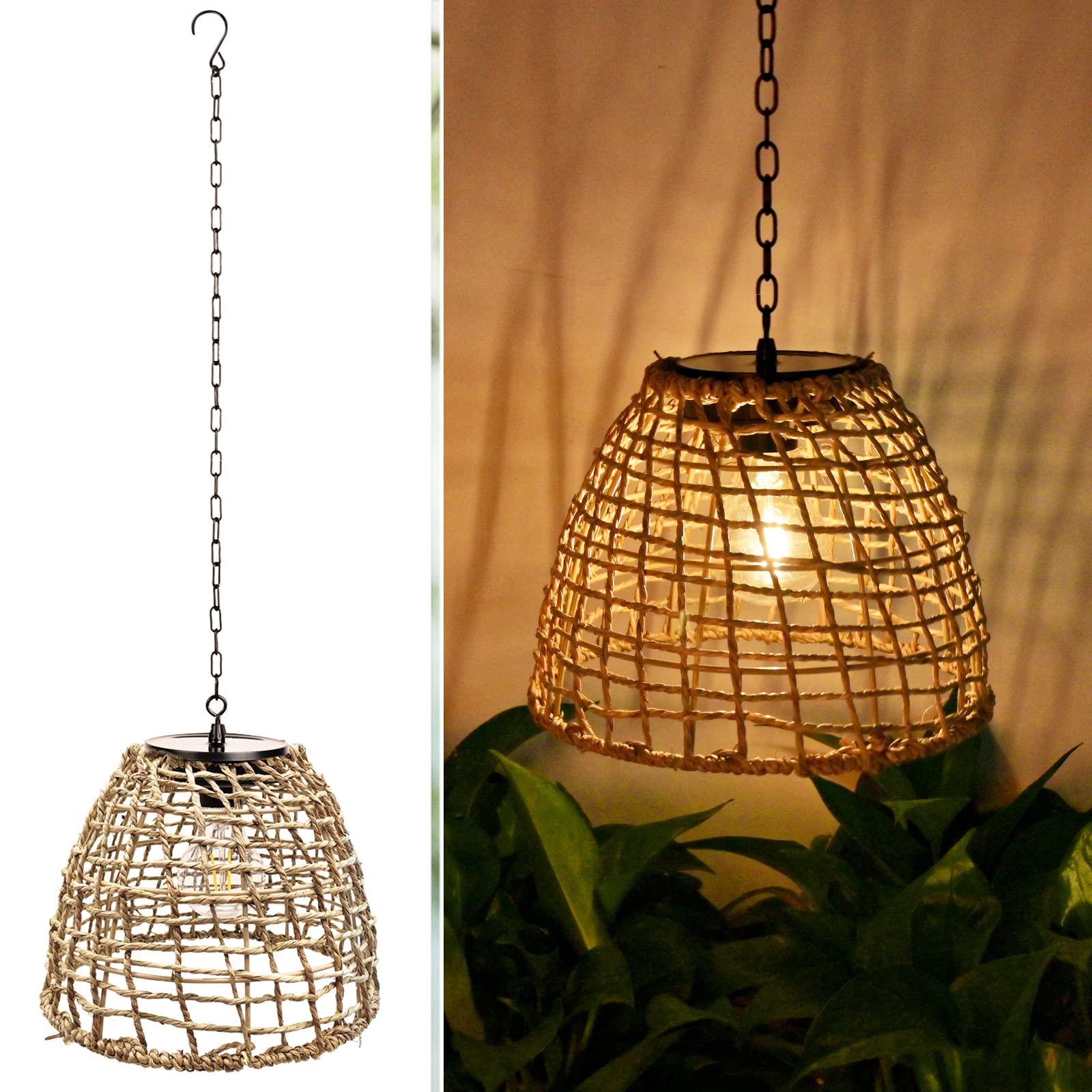 Outdoor Solar Hanging Lantern, Natural Seeweed Rattan Bamboo Woven Porch Patio Gazebo Pendent Chandelier Light Decorative Solar Powered Hanging Lamp for Front Door Garden