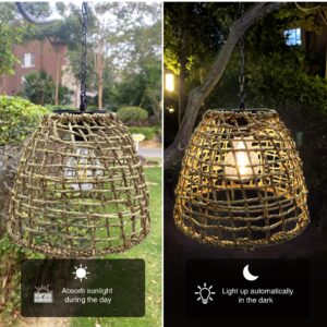 Outdoor Solar Hanging Lantern, Natural Seeweed Rattan Bamboo Woven Porch Patio Gazebo Pendent Chandelier Light Decorative Solar Powered Hanging Lamp for Front Door Garden