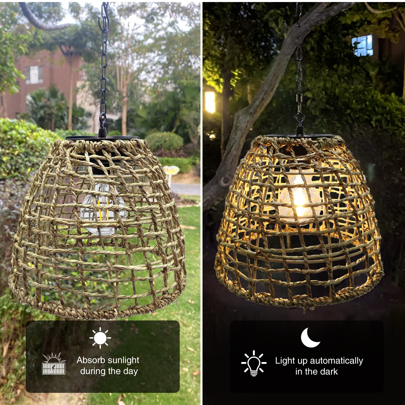 Outdoor Solar Hanging Lantern, Natural Seeweed Rattan Bamboo Woven Porch Patio Gazebo Pendent Chandelier Light Decorative Solar Powered Hanging Lamp for Front Door Garden