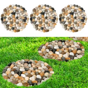 river rock stepping stones outdoor for garden walkway, 12 inch diameter 3 pcs round shape paver step stones polished pebble river stone mat for yard lawn patio pathway walk way - multi-color