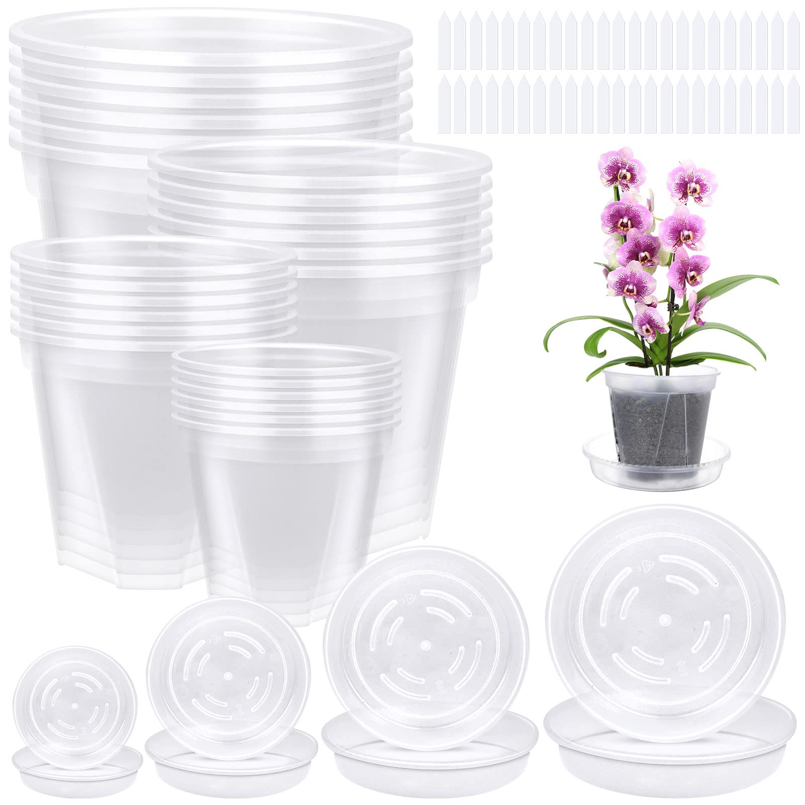 Ioffersuper 18-Pack Nursery Pots Clear Pots with 18 Tray, 4 Sizes Plastic Pots for Transplant and Seedlings Starter Plants Planting Pots, 100 Pcs of Plant Labels