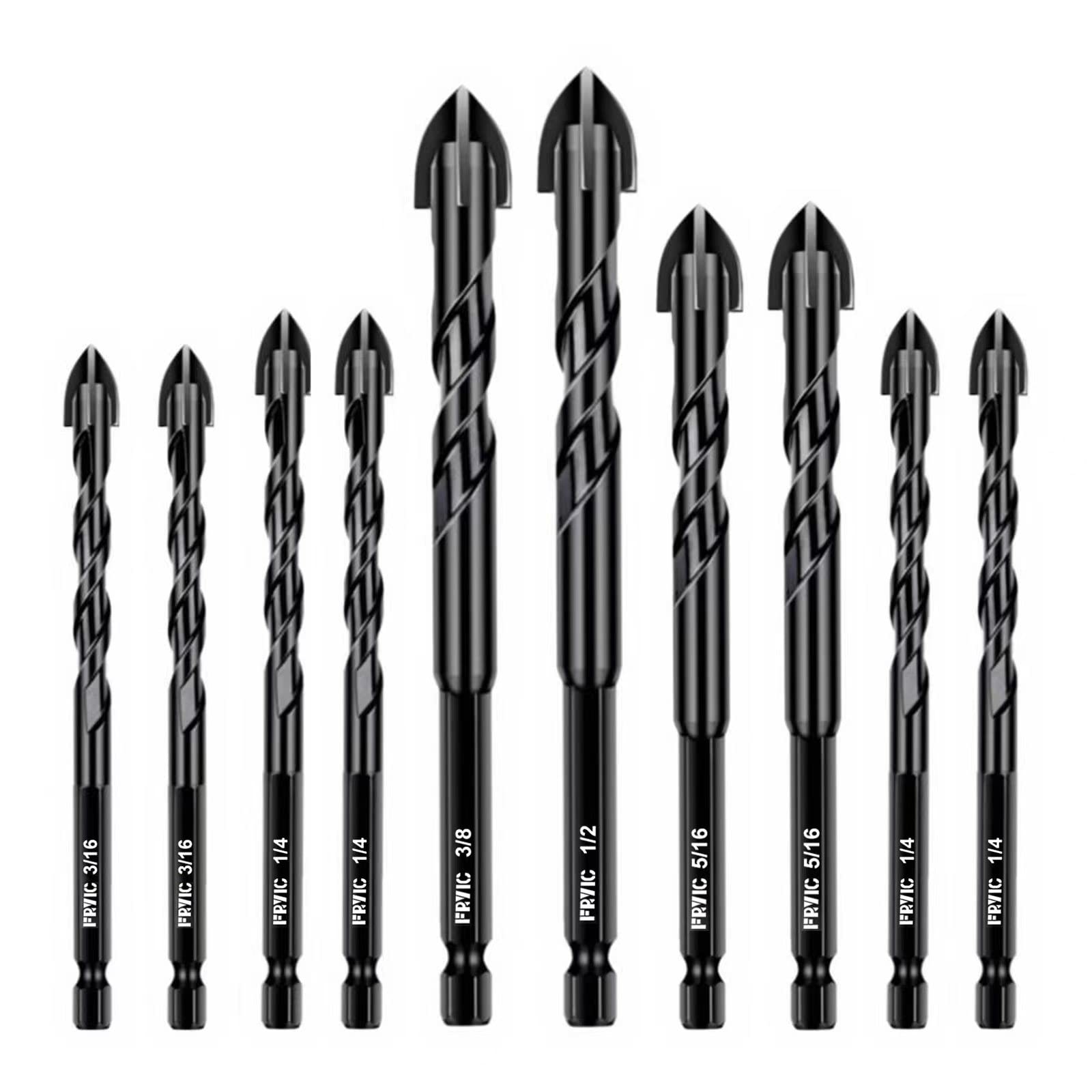 Hex Shank 10 pcs Masonry Drill Bits, Concrete Drill Bit Set for Tile, Brick, Glass, Plastic and Wood, Tungsten Carbide Tip Work on Concrete or Brick Wall by Fryic