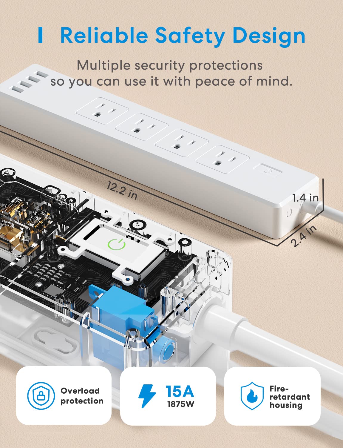 meross Smart Plug Power Strip, WiFi Flat Outlet 15A Compatible with Apple HomeKit, Siri, Alexa, Google Assistant & SmartThings, with 4 AC Outlets & 4 USB Ports, 6 Feet Surge Protector Extender