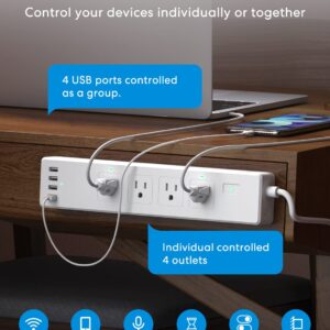 meross Smart Plug Power Strip, WiFi Flat Outlet 15A Compatible with Apple HomeKit, Siri, Alexa, Google Assistant & SmartThings, with 4 AC Outlets & 4 USB Ports, 6 Feet Surge Protector Extender