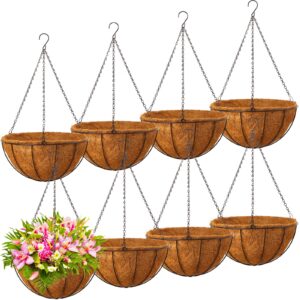 mimorou 8 pack hanging planters 14 inch metal flower pots basket holder with coconut coir liners metal round wire plant holder with chain porch decor for indoor outdoor patio porch garden decoration