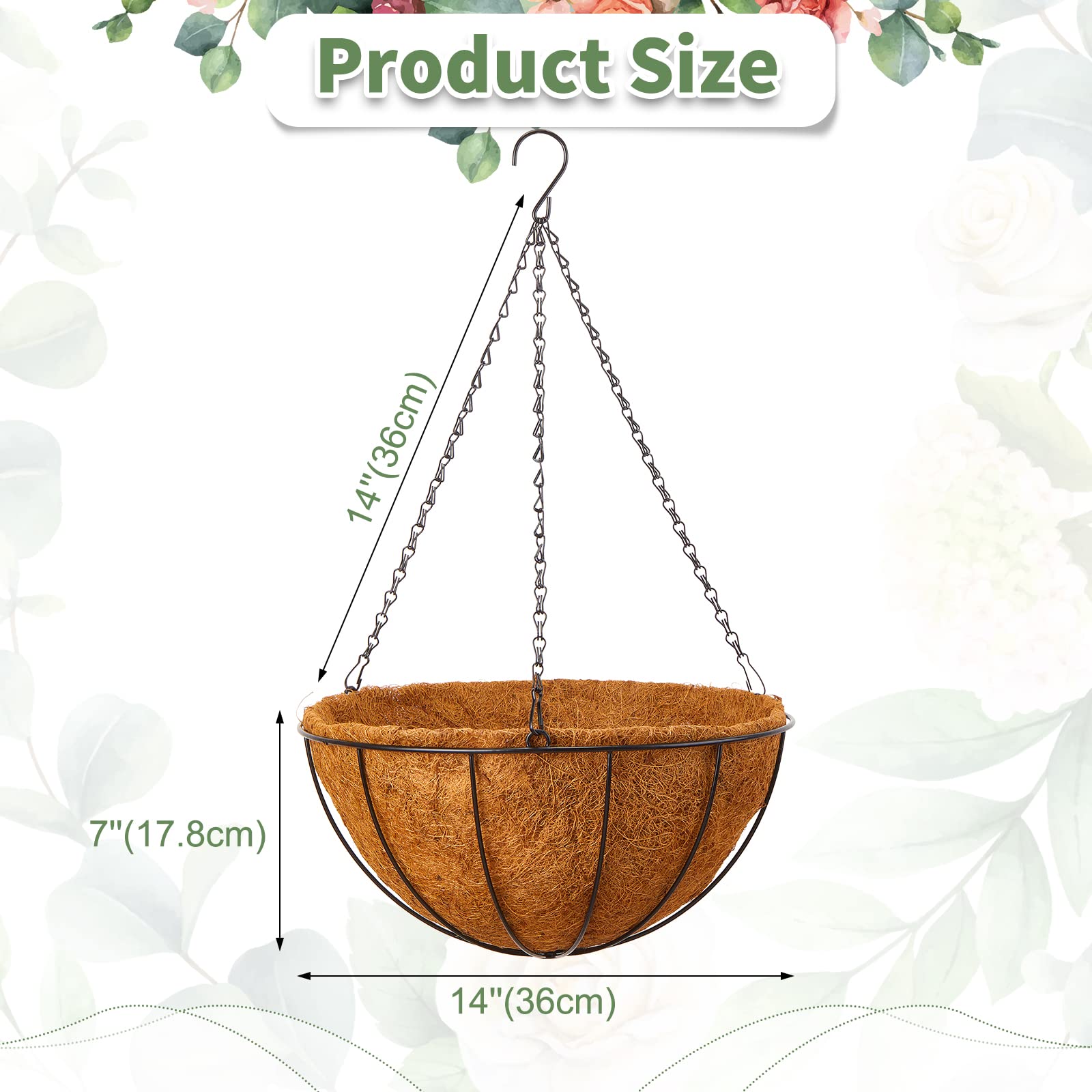 Mimorou 8 Pack Hanging Planters 14 Inch Metal Flower Pots Basket Holder with Coconut Coir Liners Metal Round Wire Plant Holder with Chain Porch Decor for Indoor Outdoor Patio Porch Garden Decoration